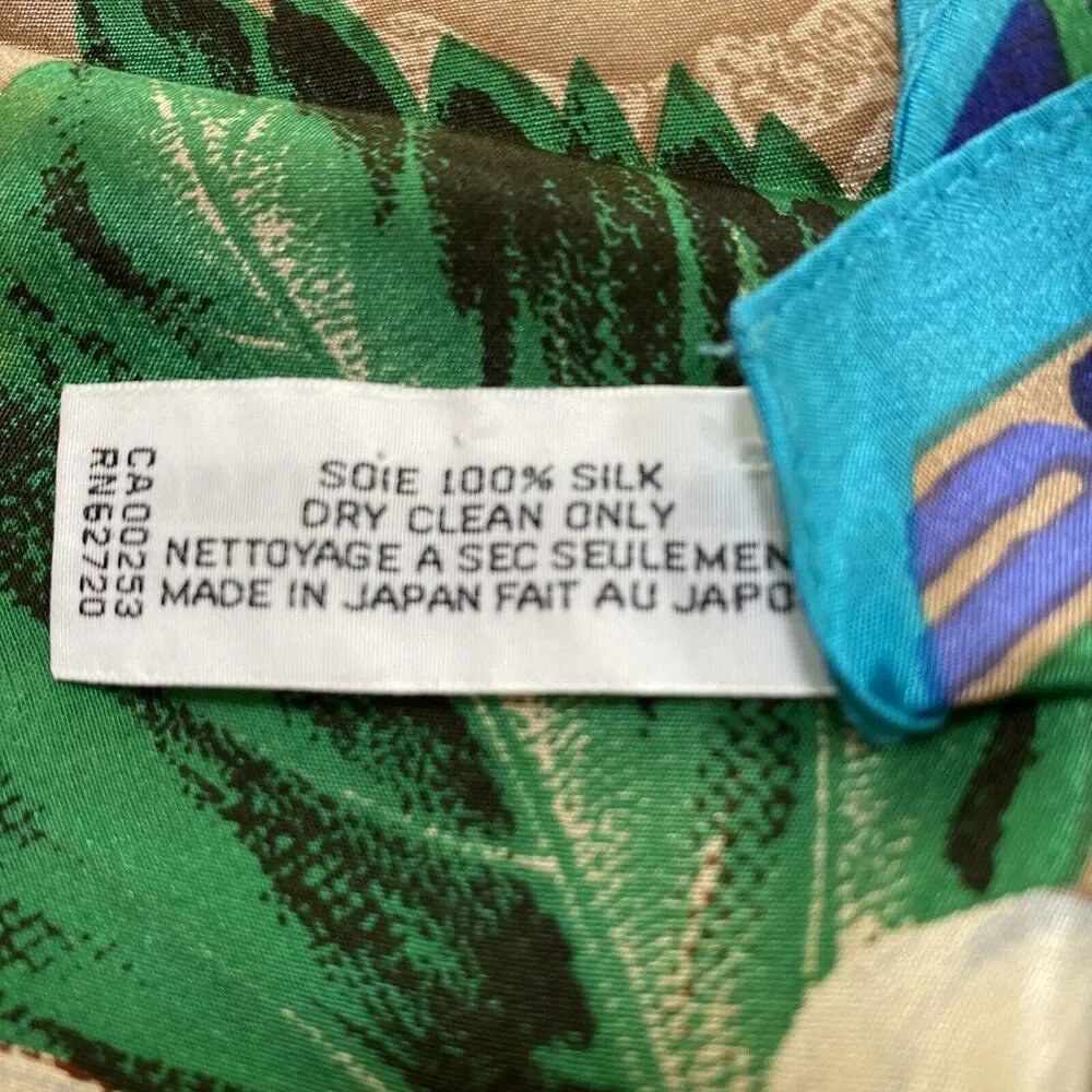 Vintage Oscar De La Renta Silk Scarf Pointy Ends Necktie Jungle Flowers Blue Tan